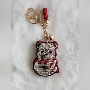 Cute Festive Christmas  Bear Rhinestone Keychain with Red Tassel Bag Charm